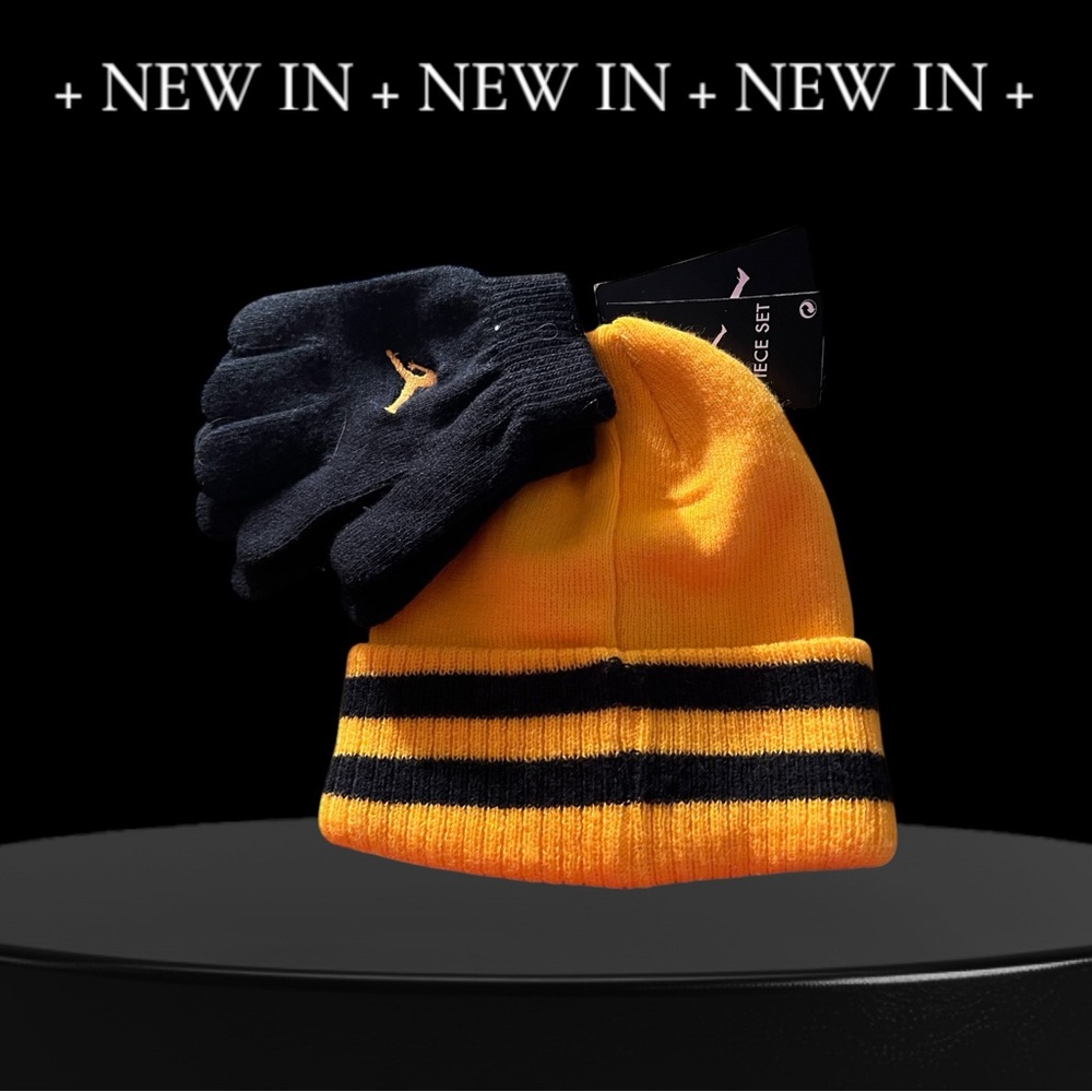 Jordan Black and Yellow Beanie and Gloves Set